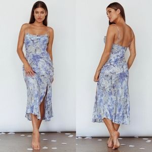 New Saints + Secrets Marbled Ruched Draped Cowl Bust Midi Slip Dress